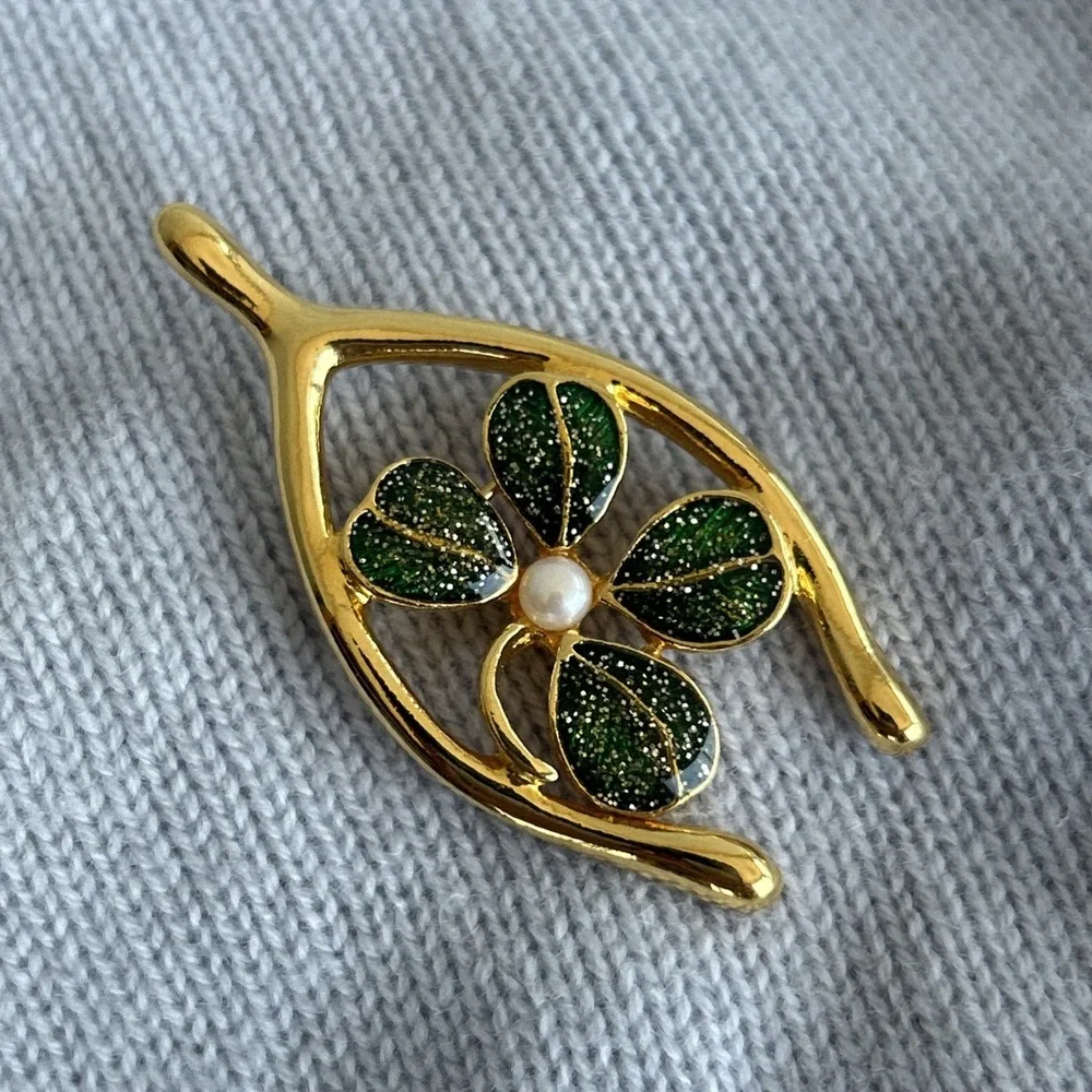Vtg JJ‎ Jonette Jewelry Four Leaf Good Luck Clover Shamrock Brooch Pin Enameled